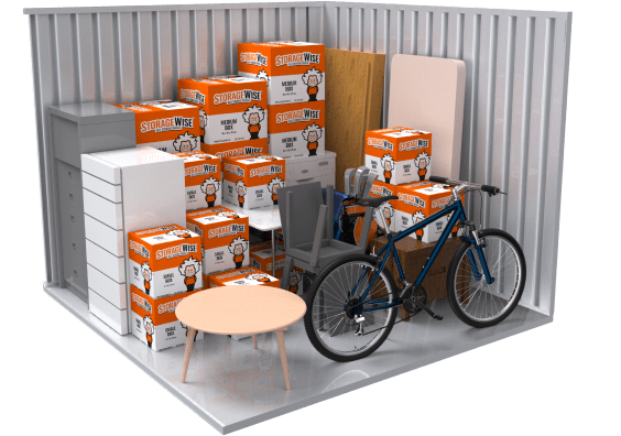 Self storage unit filled with boxes and belongings