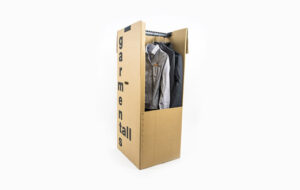 A tall wardrobe boxes product stands open against a white background, showing several pieces of clothing hanging neatly on a metal rail inside.