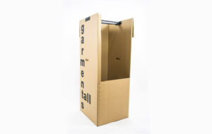 Wardrobe boxes are tall removal boxes with "garments" printed vertically on the side, an open top, and a metal hanging rail inside—ideal for safely transporting clothing during moves.