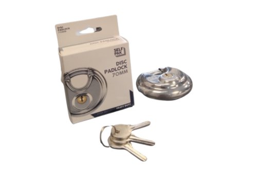 The Lock Disc 70mm padlock, in its branded white box with blue accents, is displayed next to three metal keys on a keyring. The silver finish of both the padlock and keys provides a striking contrast to the packaging.