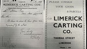 The StorageWise Self Storage Story: Four Generations of Self-Storage Expertise in Limerick 1 A black-and-white photo of two old documents from Limerick Carting Co., one handwritten letter and one printed notice, both mentioning transport, parcel services, and self-storage options in Limerick, Ireland.