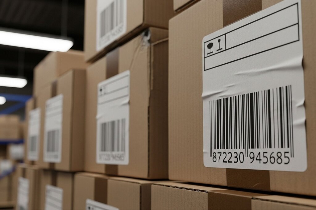 Stacks of cardboard boxes with large barcode labels are arranged in a warehouse setting, indicating items ready for storage or shipping—a common scene in Ireland’s self-storage facilities serving small businesses. The focus is on the barcode of the front box.