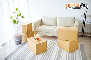 A bright sitting room with a beige sofa, potted plant, striped rug, and packed boxes suggests selling a house. Packing tape, scissors, and a pen are on one box. The STORAGE WISE logo highlights smart storage solutions in the top right corner.