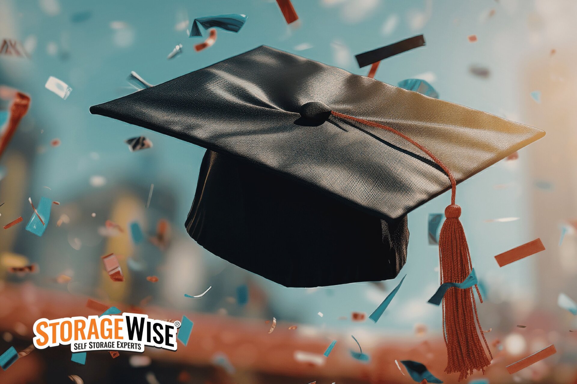 A black graduation cap with an orange tassel floats in the air, surrounded by colourful confetti&mdash;symbolising the exciting transition of moving home after graduation. The Storage Wise logo appears in the bottom left corner.