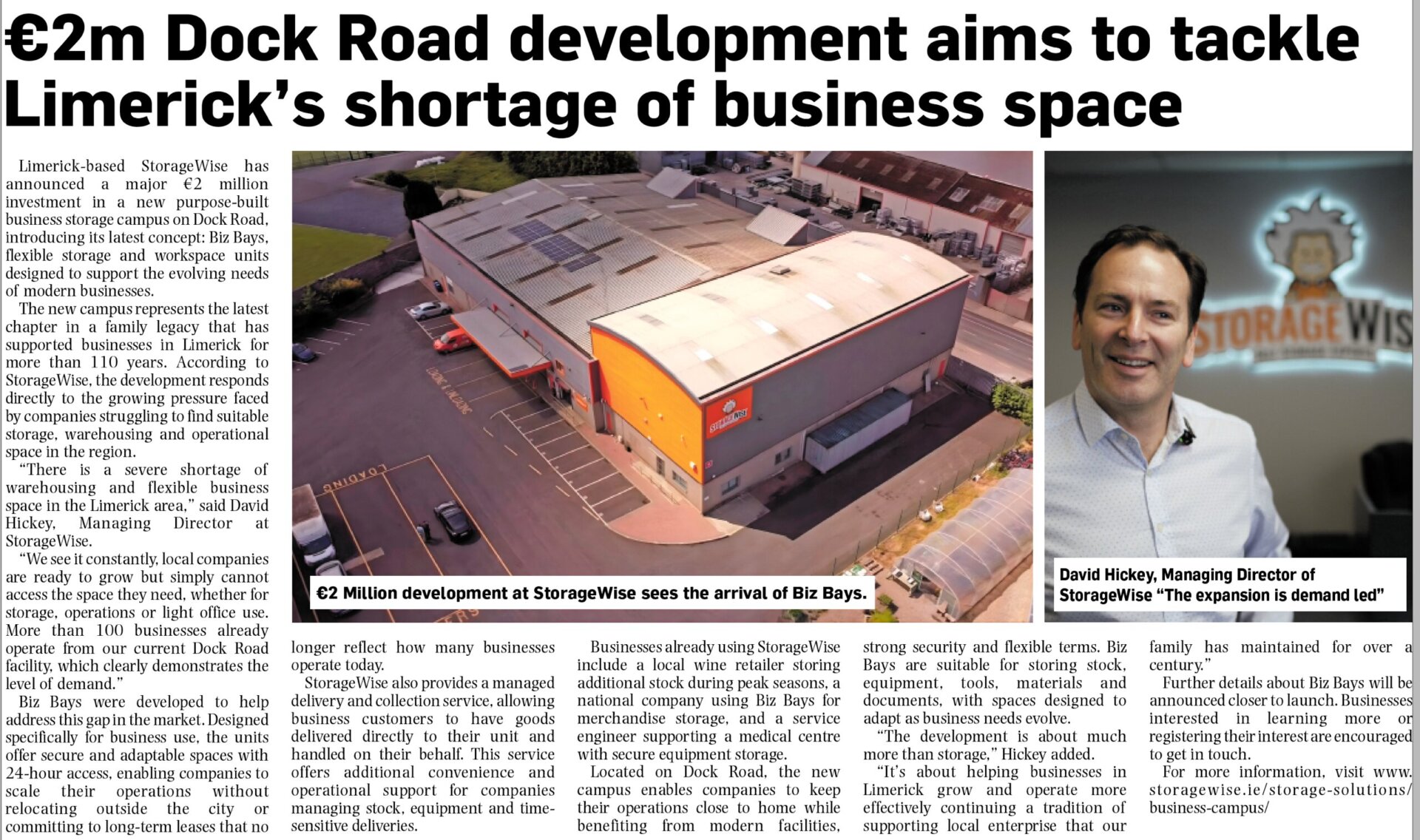 A newspaper article about StorageWise&rsquo;s &euro;2 million BizBays development to address Limerick&rsquo;s shortage of flexible business office space. Features an aerial photo of the StorageWise facility and a portrait of Managing Director David Hickey.