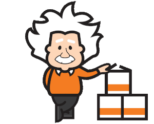 Cartoon character with wild white hair, wearing an orange jumper, smiles and leans on three stacked boxes with orange stripes. The character is gesturing towards the boxes.