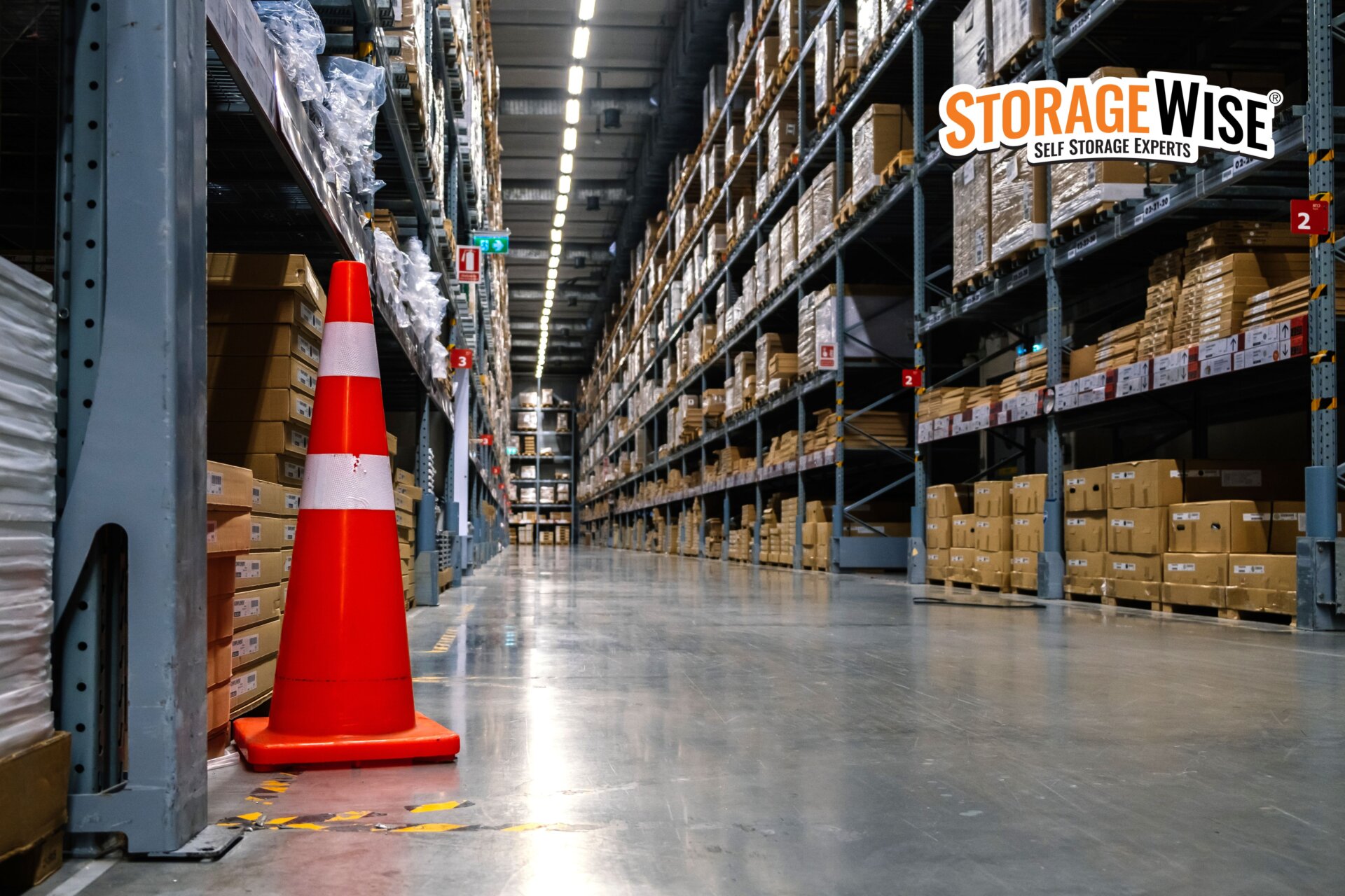 An orange traffic cone stands at the entrance of a long warehouse aisle, providing self storage event companies and restaurants with floor-to-ceiling metal shelving units stacked with boxes.